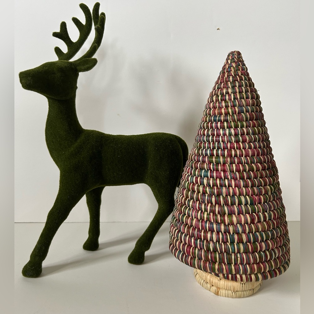 Festive Green Reindeer and Multicolor Woven Tree Set